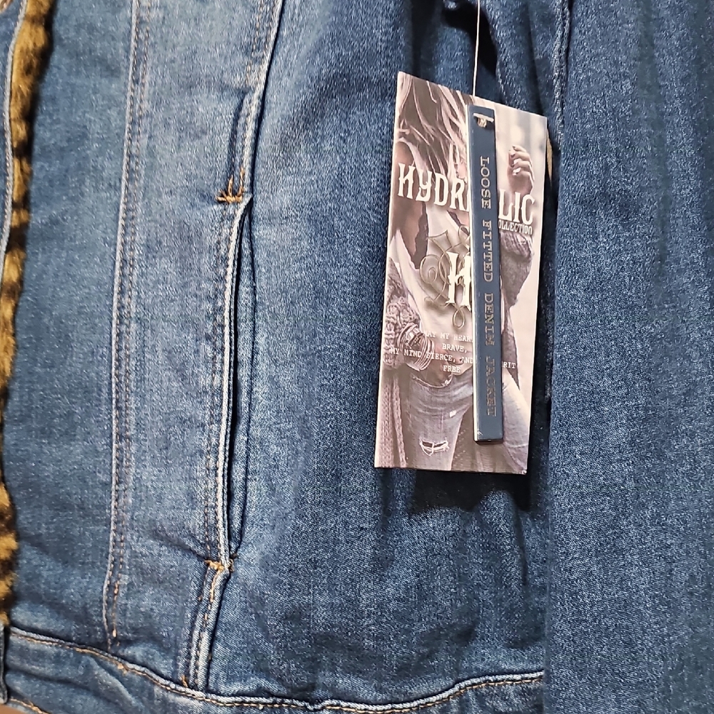 Hydraulic Blue Denim Jacket with Leopard Print Trim - Picture 2 of 6